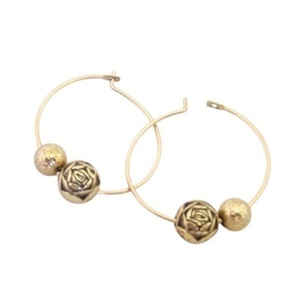 Vintage Simple Gold Toned Hoops‎ With Flower Design Beads Pierced Earrings
